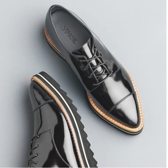 Vince Glossy Black Lace-Up Loafers - Picture 1 of 5